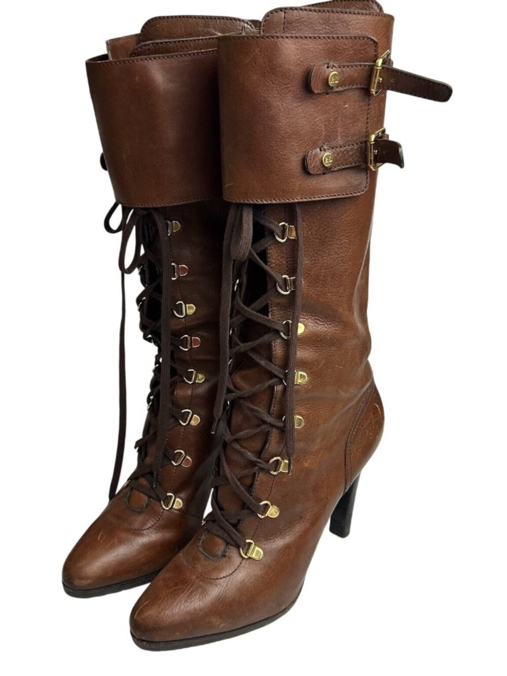 Ralph Lauren Collection 8B Brown Leather Lace Up Knee High Boots Buckle Heels - Picture 2 of 16